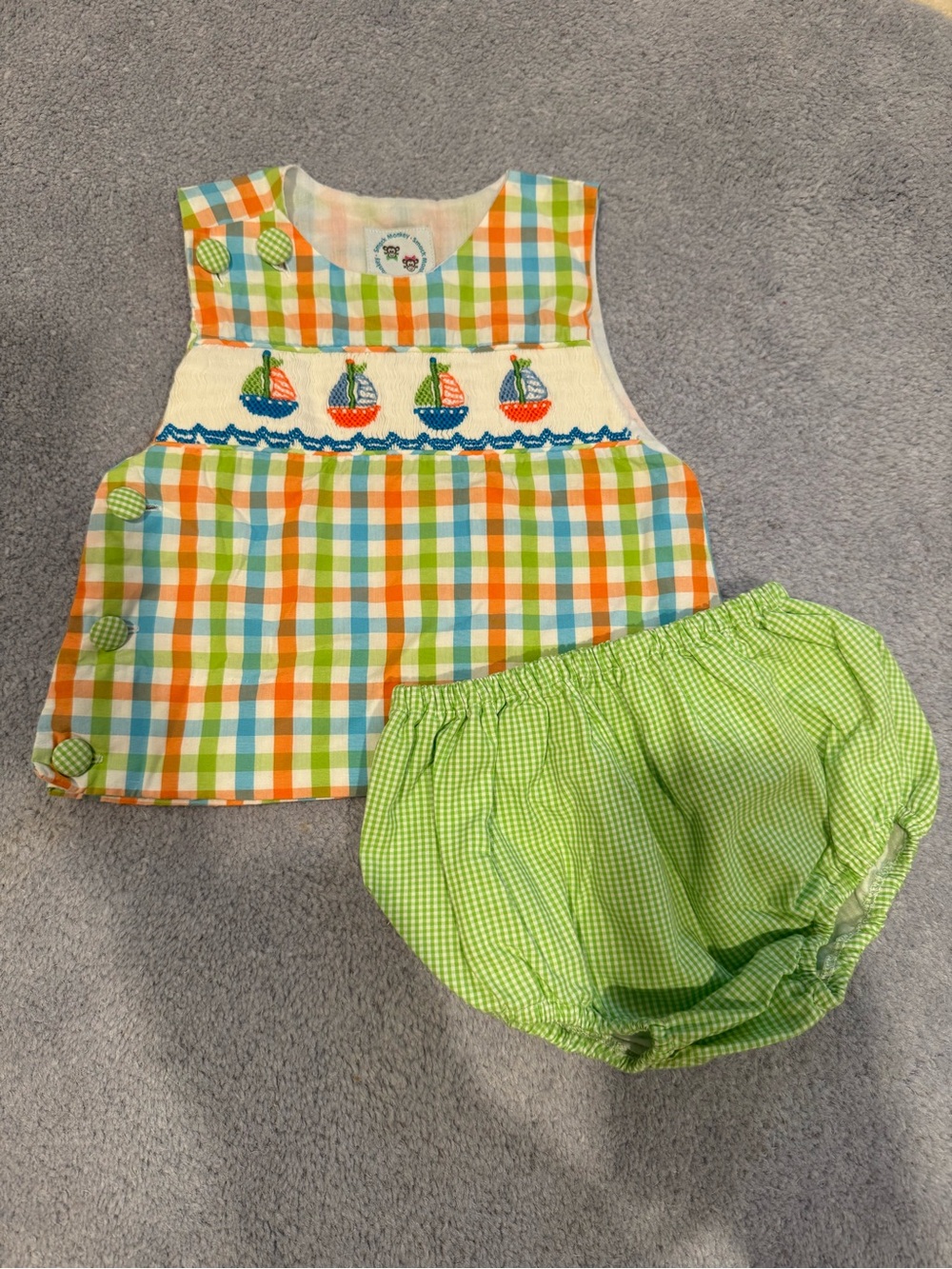 Smock Monkey Smocked Sailboat Set 12 M Like New